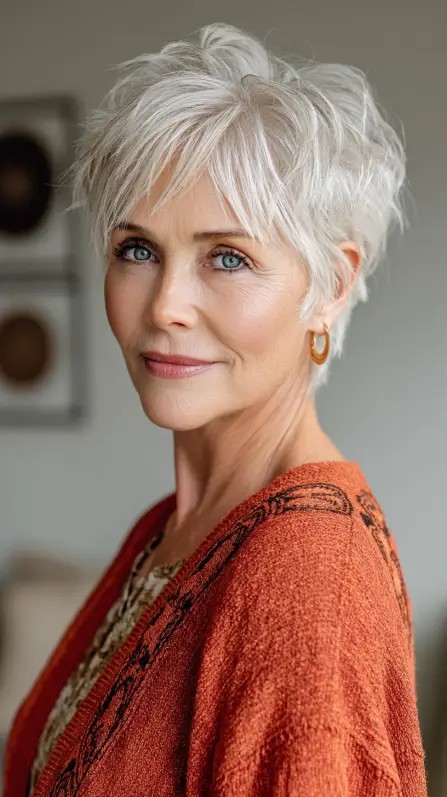 Textured Silver Pixie Cut with Feathered Layers
