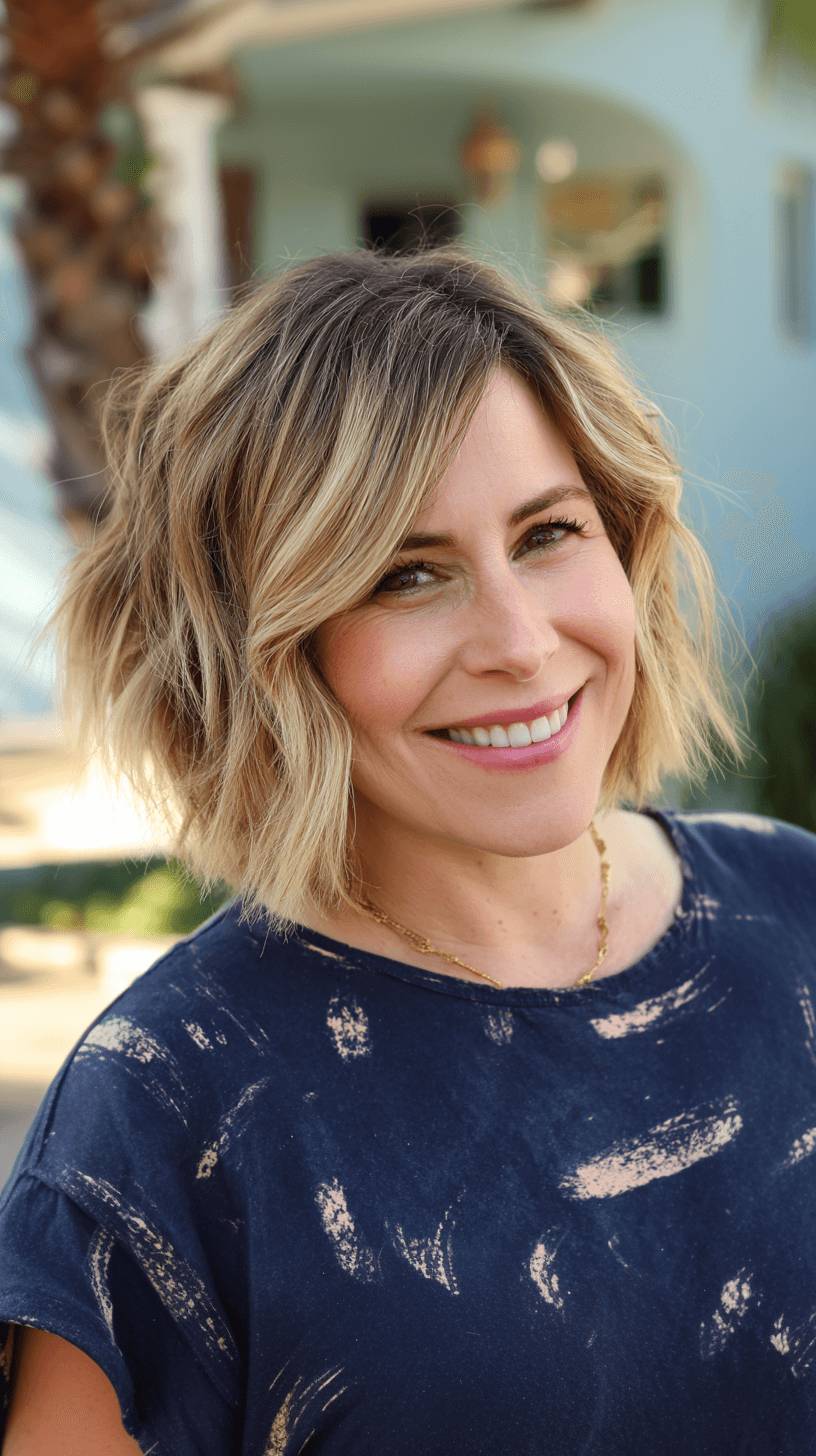 Textured Wavy Bob with Sun-Kissed Highlights