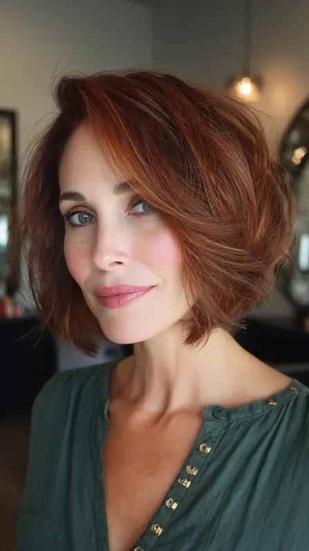Warm Copper Feathered Bob with Soft Texture