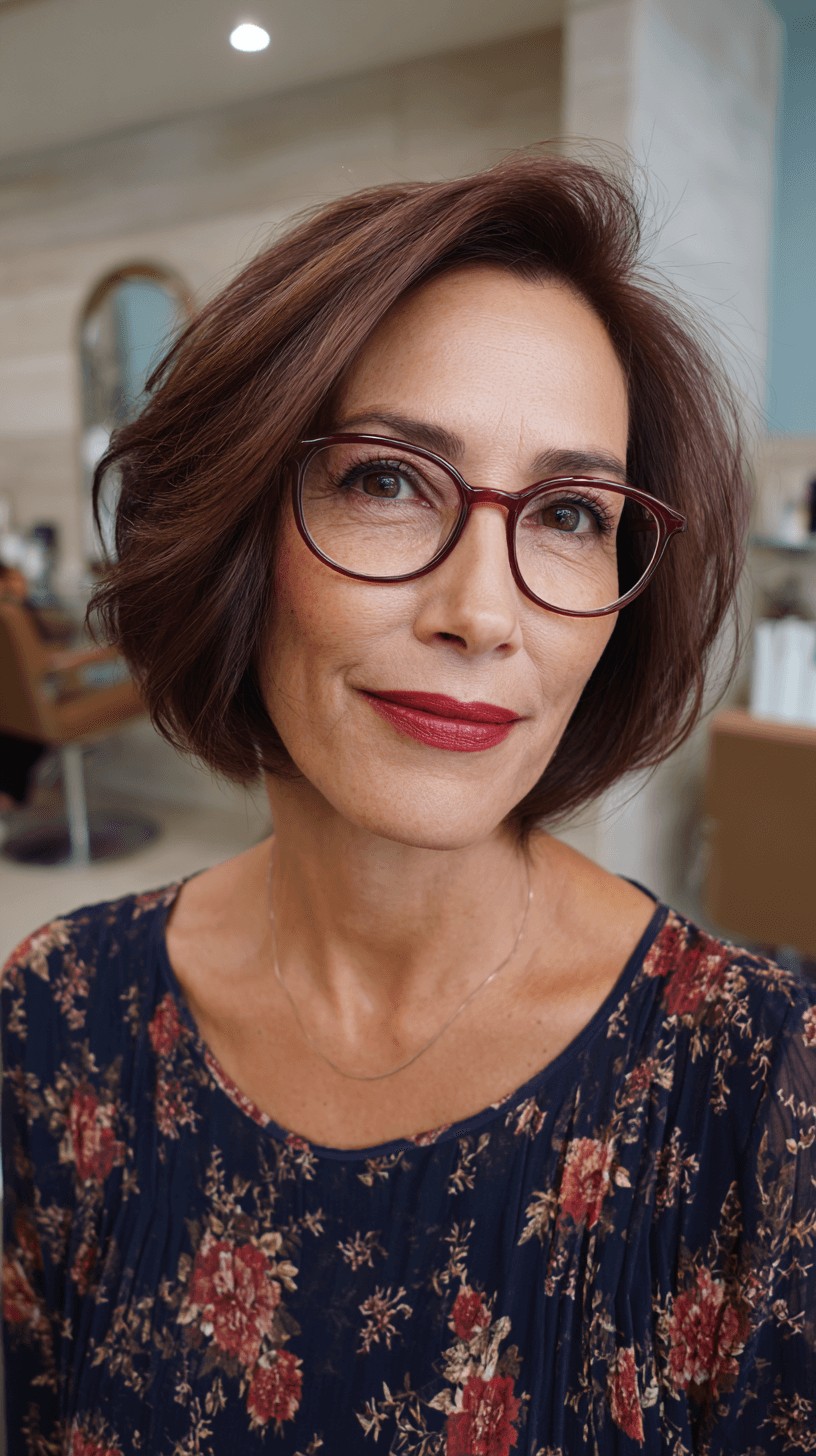 Chic Feathered Bob with Soft Volume and Glasses