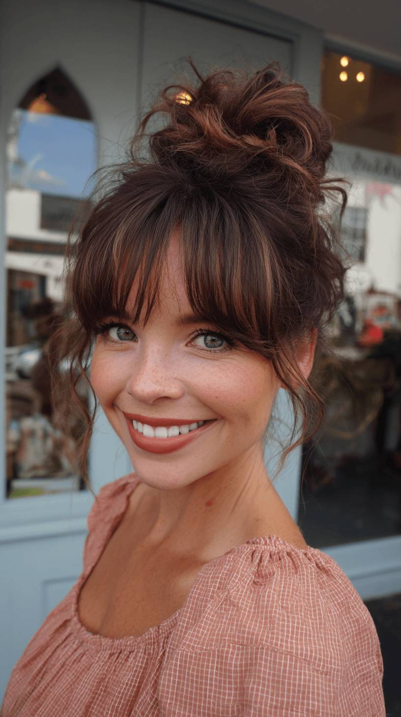 Chic Textured High Bun with Face-Framing Bangs