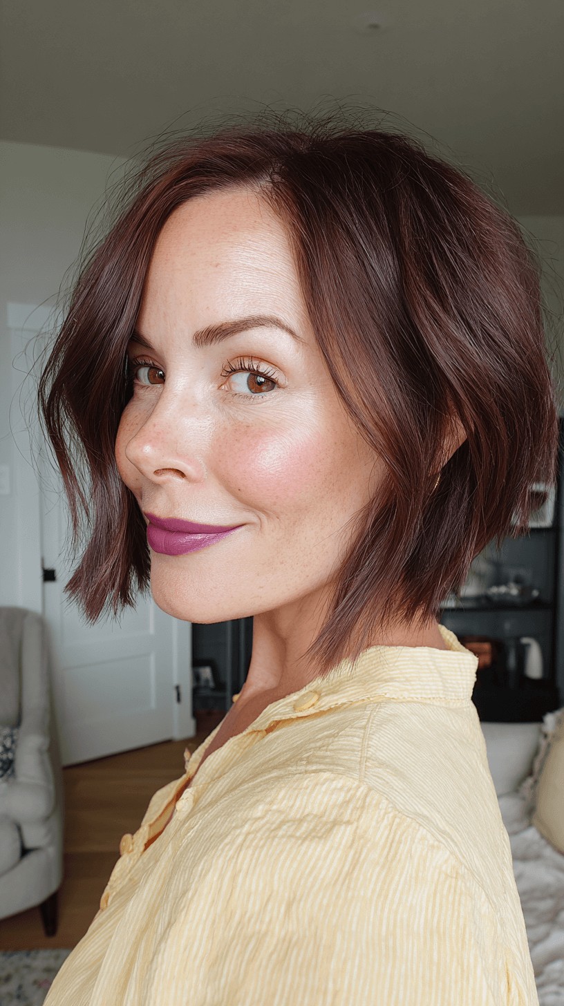 Chic Textured Slope Bob with Rich Mahogany Tones