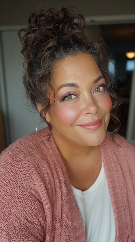 Effortless Curly High Bun with Face-Framing Tendrils