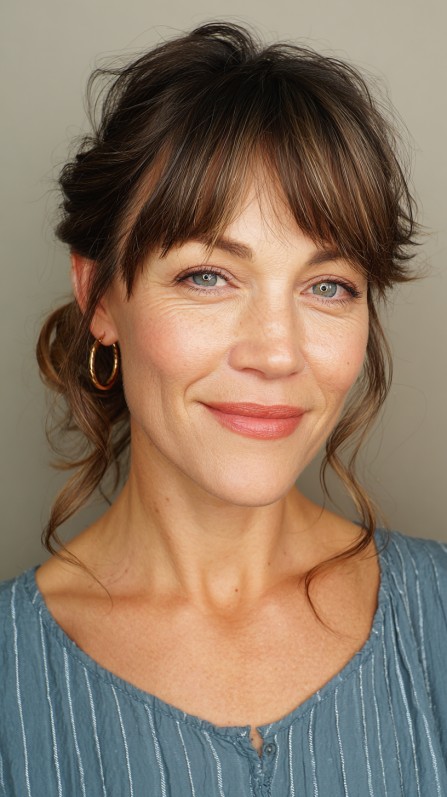 Effortless Textured Updo with Soft Bangs
