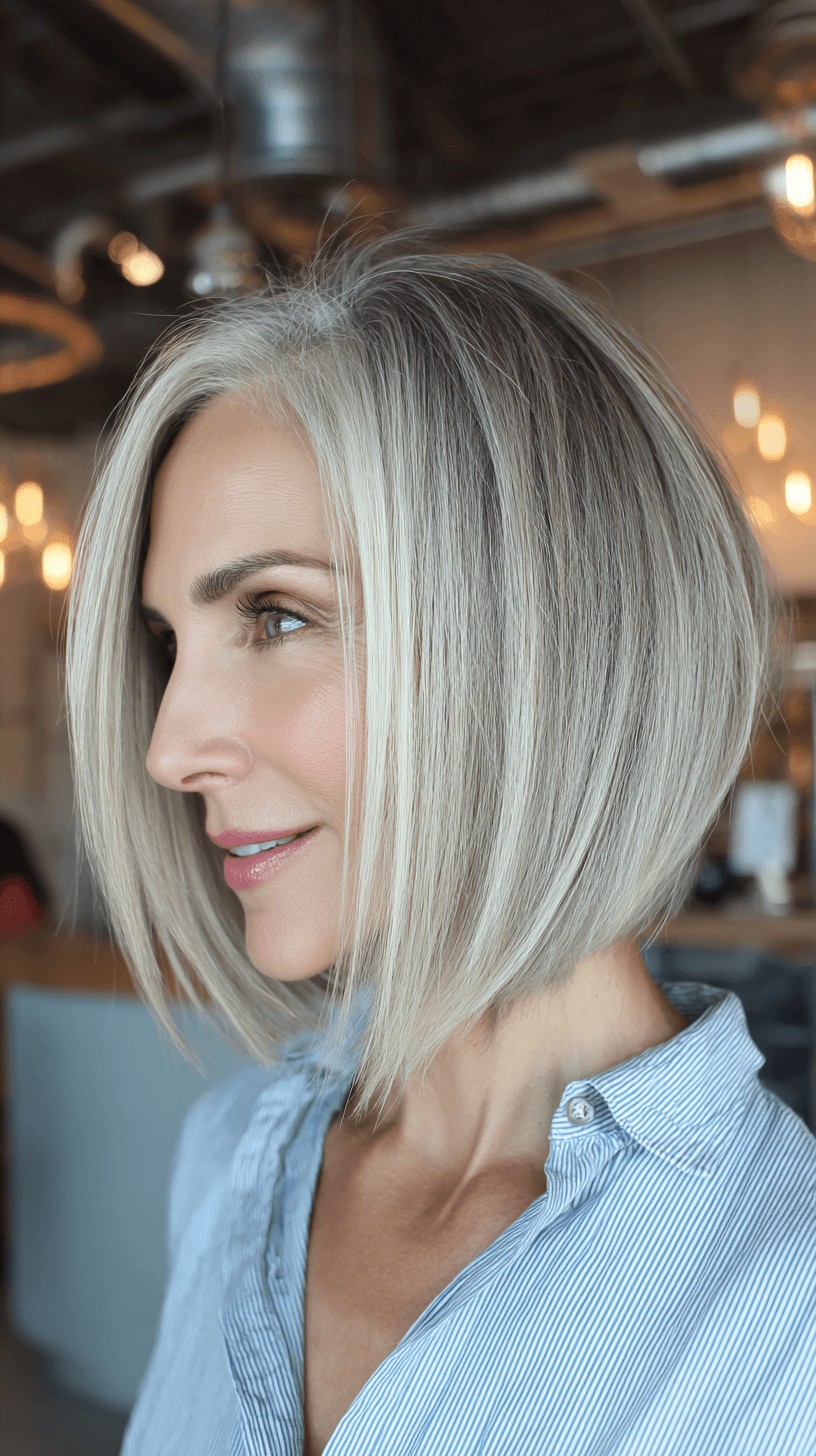 Elegant Blunt Slope Bob with Soft Silver Highlights
