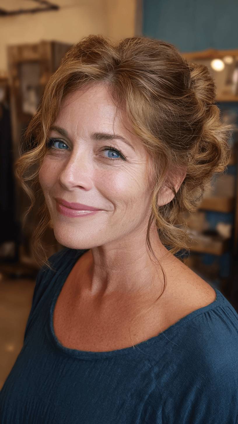 Elegant Curly Updo with Face-Framing Tendrils