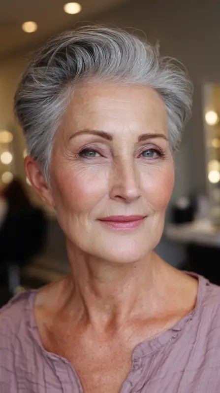 Elegant Silver Pompadour Pixie with Soft Volume