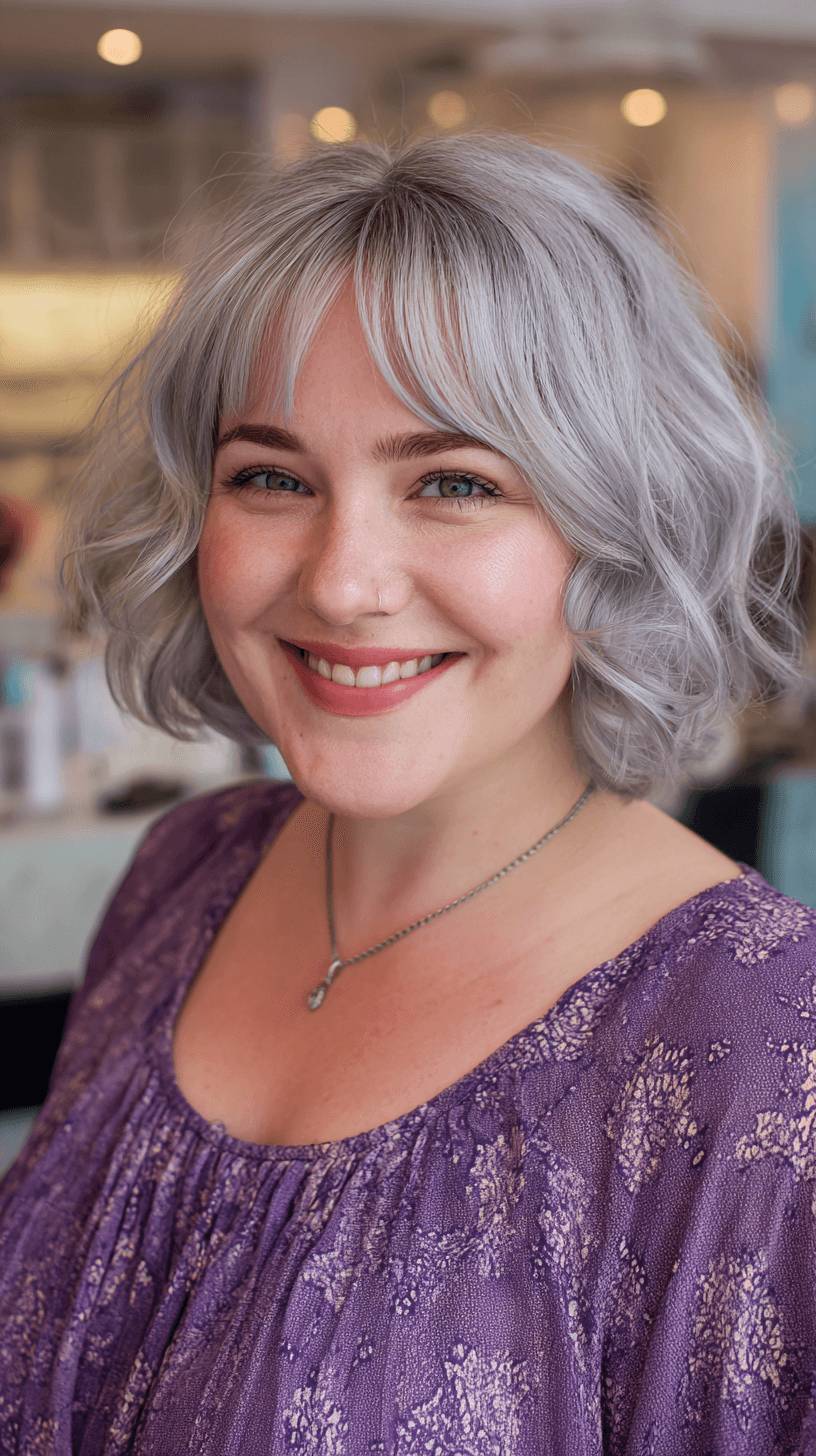 Playful Curly Grey Bob with Soft Bangs