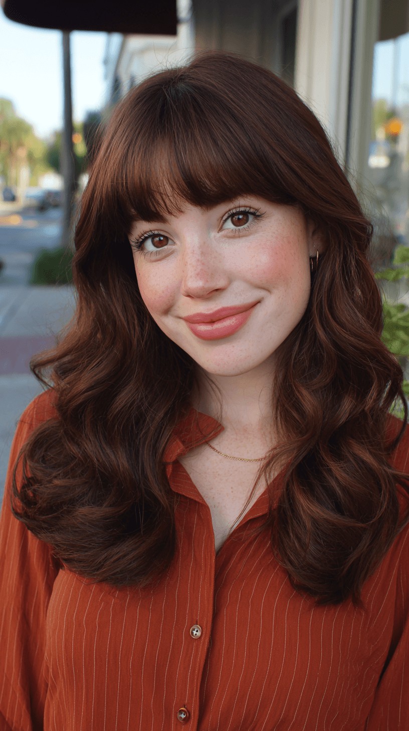 Rich Auburn Long Layers with Face-Framing Bangs