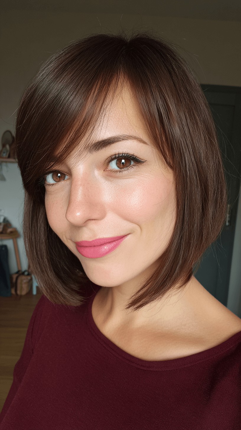 Sleek Brown A-Line Bob with Subtle Wispy Bangs