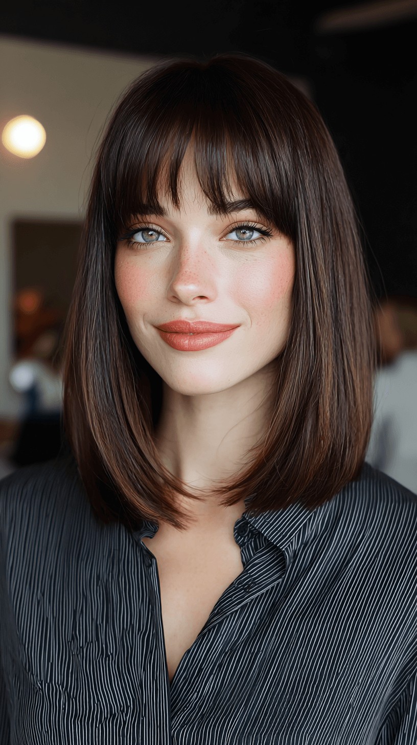 Sleek Brown Lob with Face-Framing Bangs