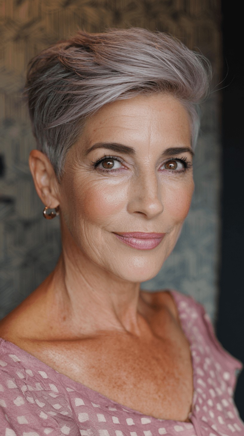 Sleek Silver Pompadour Pixie Cut with Subtle Volume