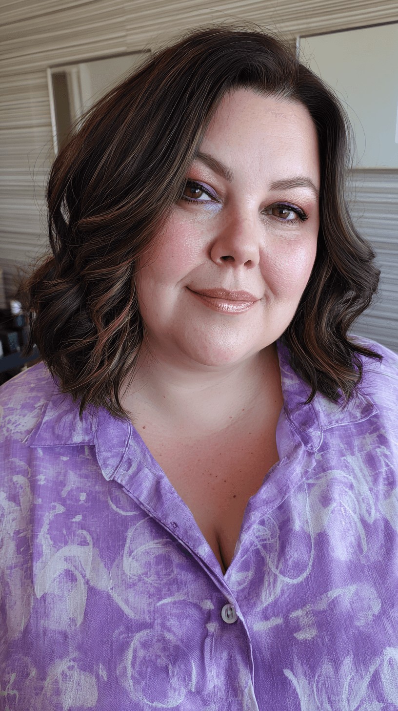 Softly Curled Shoulder-Length Lob with Subtle Highlights