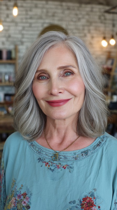 Softly Curled Silvery Lob with Subtle Layers