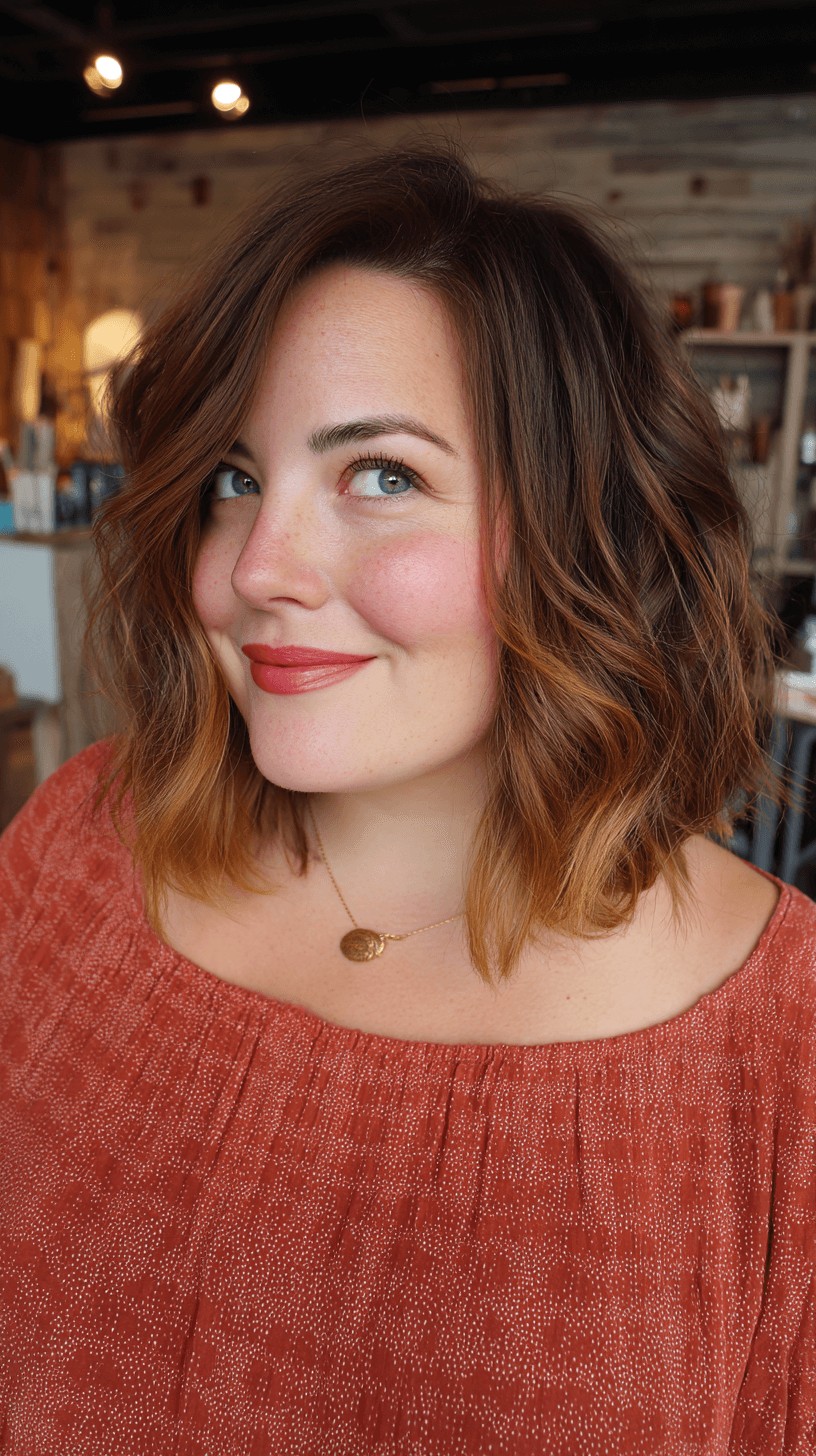 Softly Textured Wavy Lob with Warm Highlights