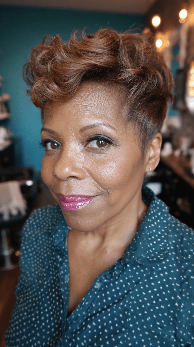 Stylish Curly Pompadour Pixie Cut with Warm Highlights