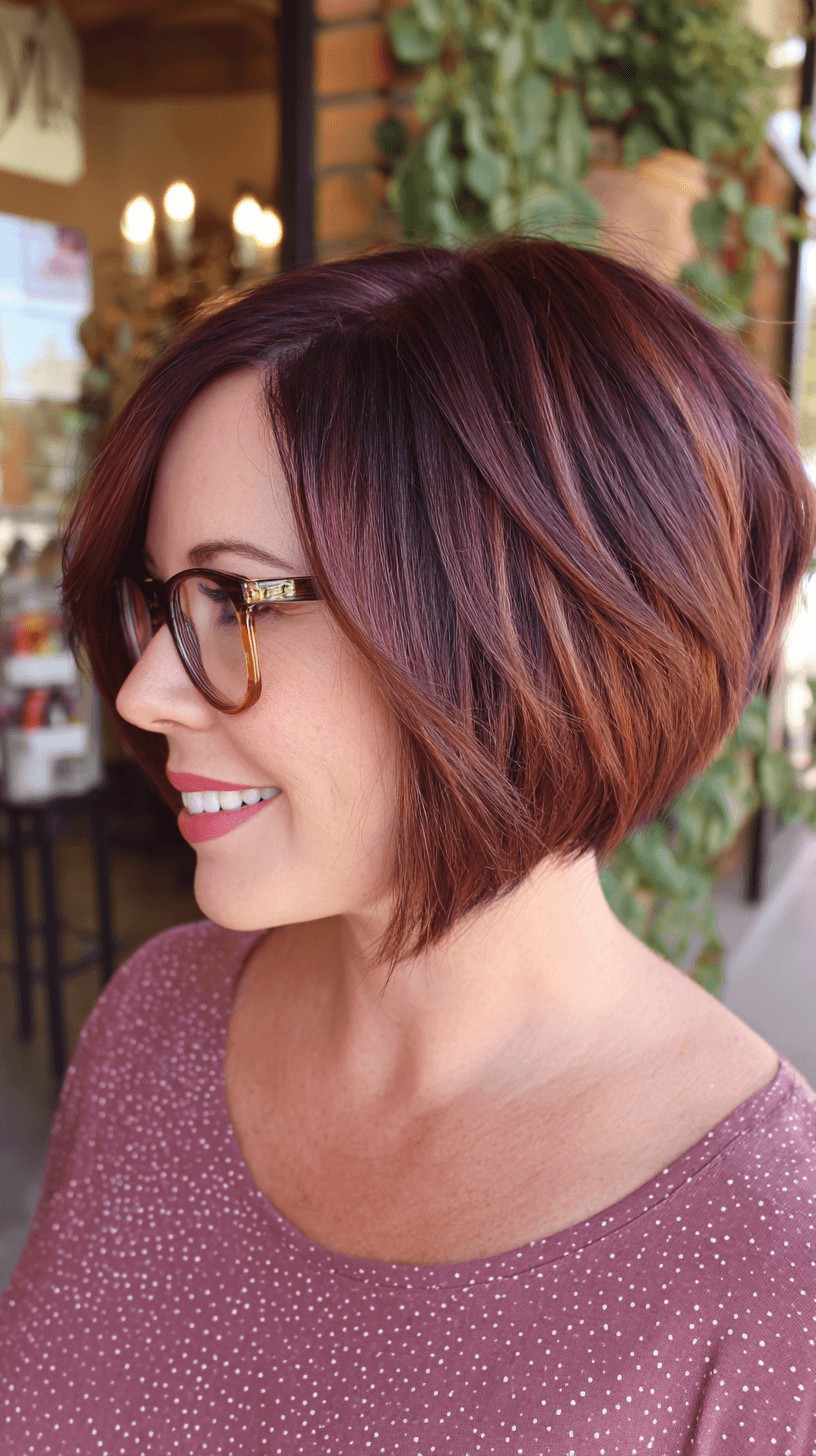 Stylish Layered Slope Bob with Rich Burgundy Tones