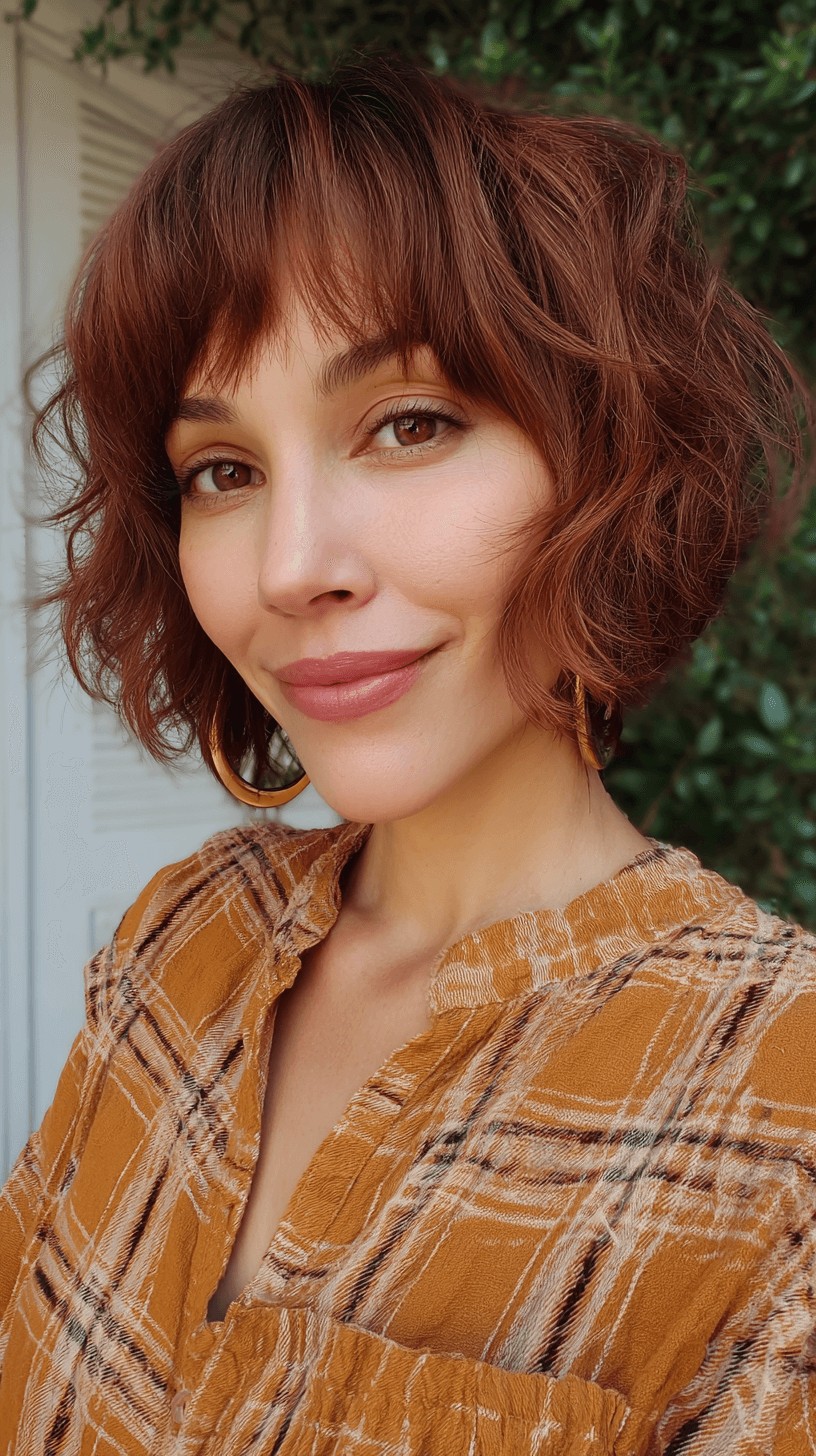 Textured Auburn French Bob with Soft Bangs