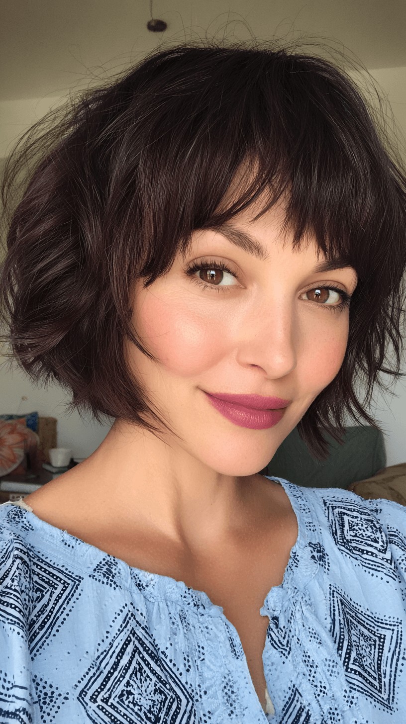 Textured Chocolate French Bob with Soft Fringe