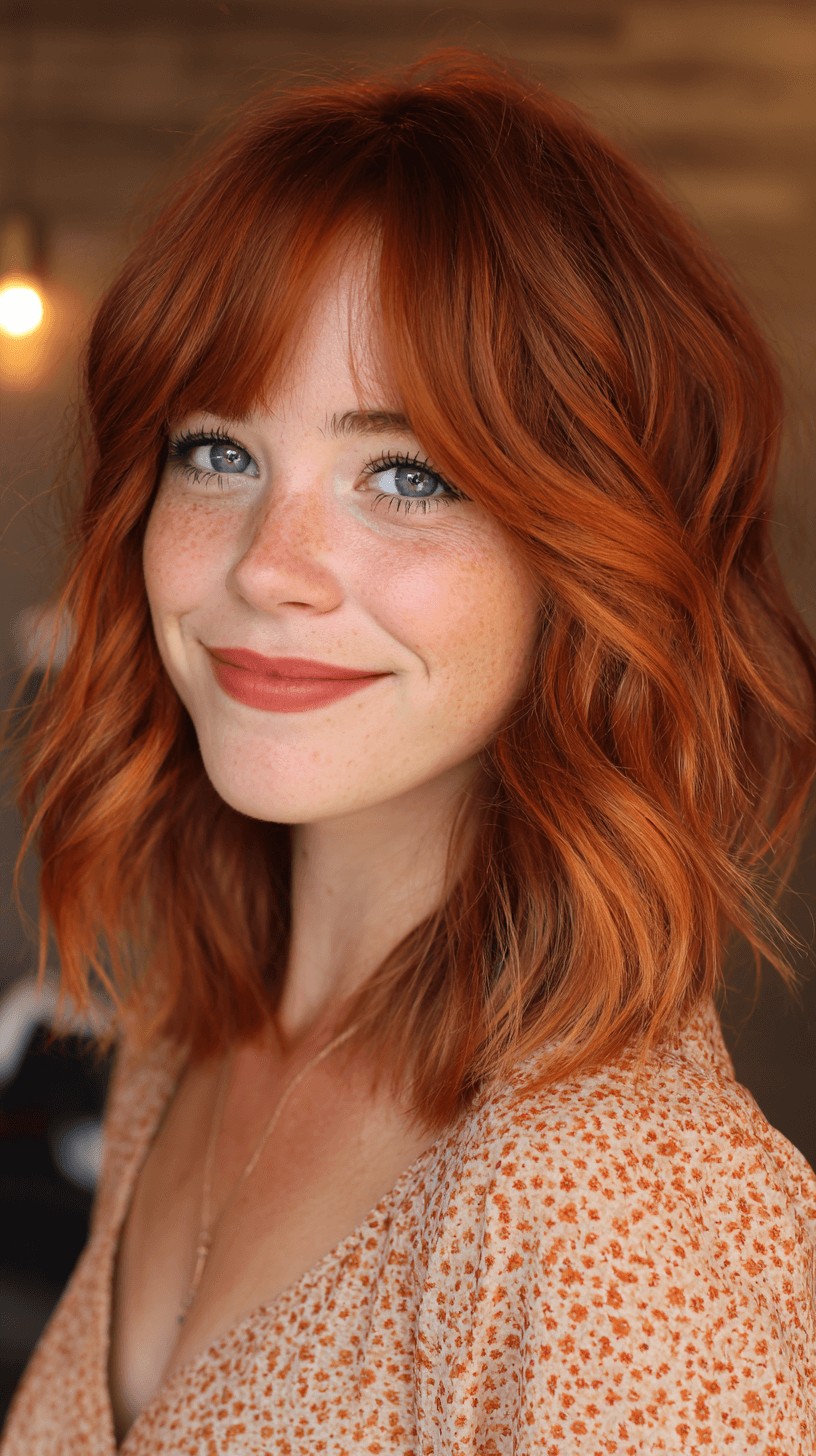 Textured Copper Waves with Soft Bangs