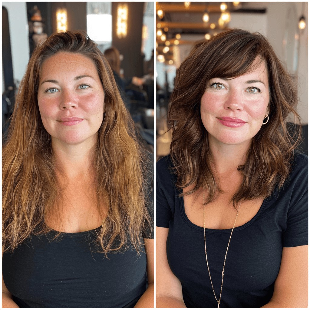 Textured Shoulder-Length Layers with Soft Bangs