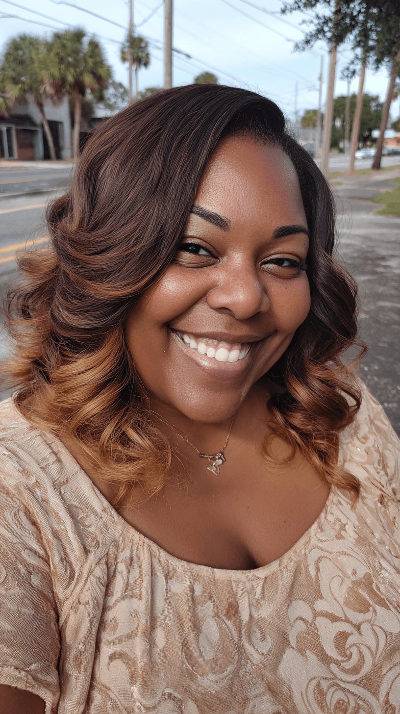 Warm Auburn Curly Lob with Subtle Highlights