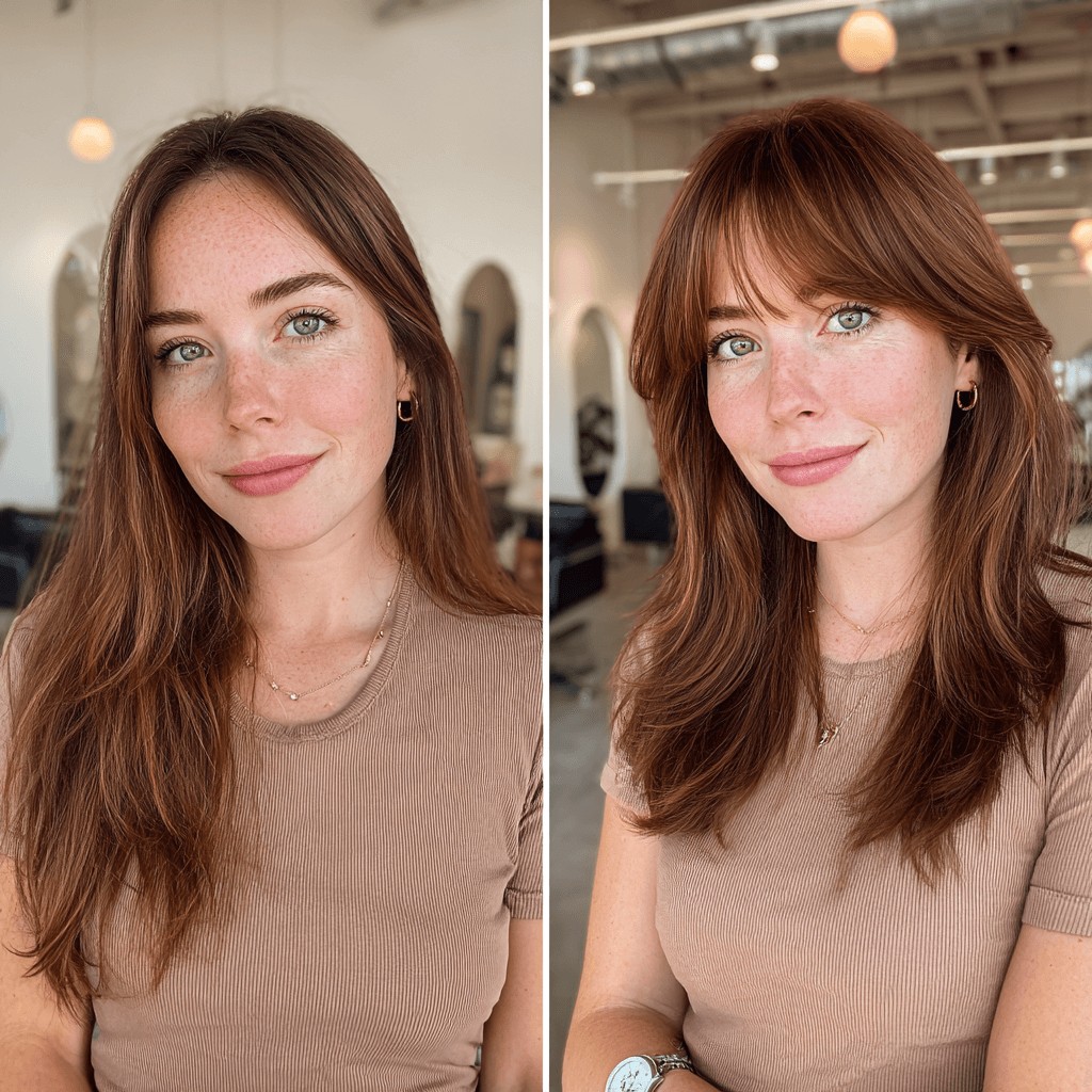 Warm Auburn Layered Cut with Soft Bangs