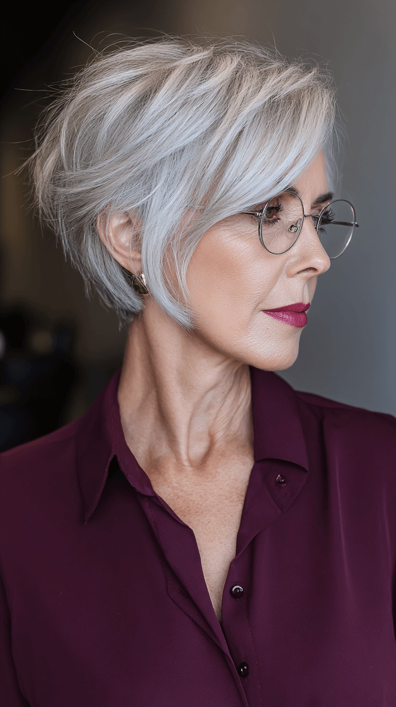 Chic Silver Textured Pixie Cut with Side-Swept Bangs