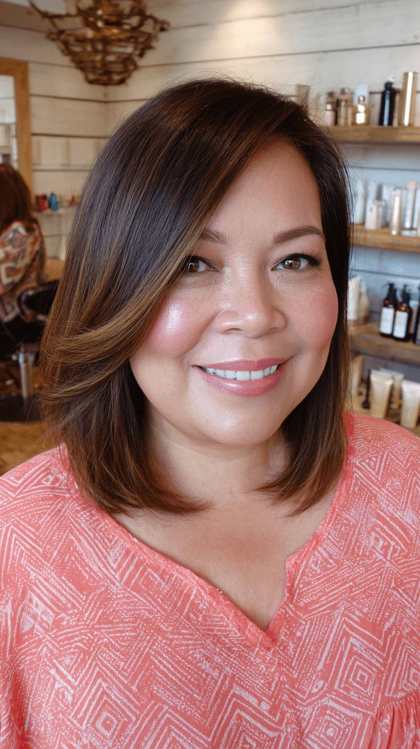 Chic Softly Angled Lob with Subtle Caramel Highlights