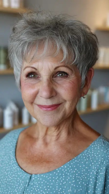 Chic Softly Textured Silver Pixie with Feathered Layers