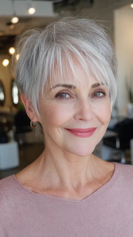Chic Softly Textured Silver Pixie with Subtle Volume