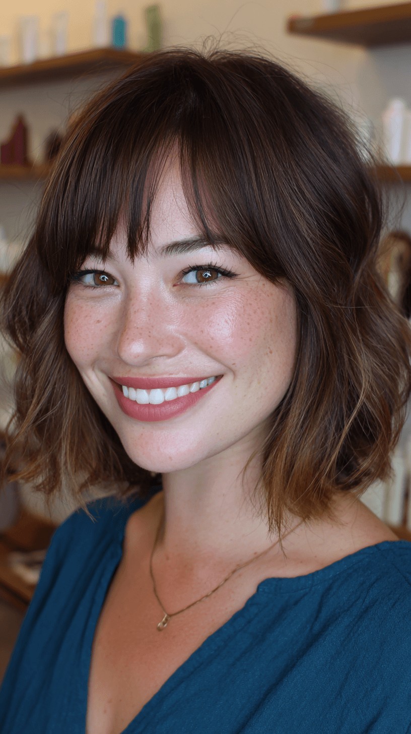 Chic Textured Bob with Curtain Bangs and Soft Waves