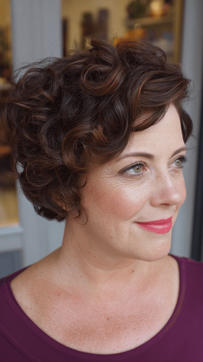 Chic Textured Curly Bob with Warm Highlights
