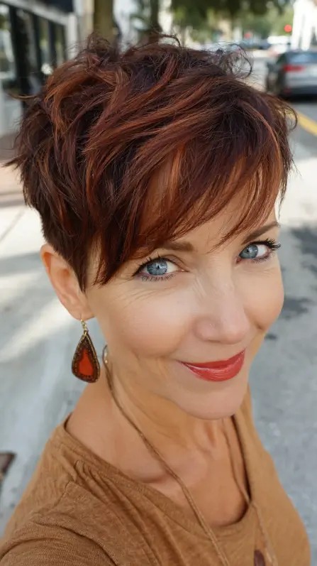 Chic Textured Short Cut with Warm Copper Highlights