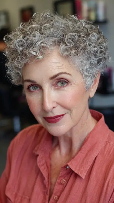 Curly Silver Pixie with Defined Curls