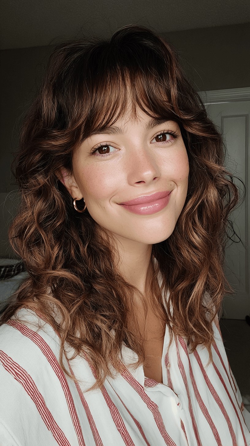 Effortlessly Chic Curly Curtain Bangs with Soft Layers