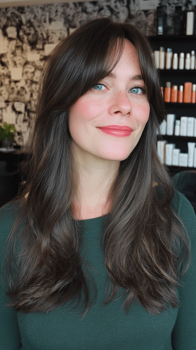 Elegant Long Layers with Soft Curtain Bangs