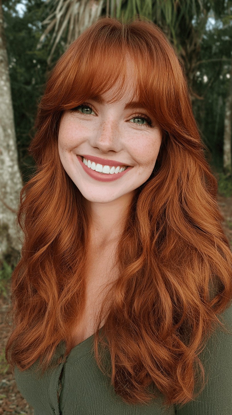 Radiant Copper Curtain Bangs with Beachy Waves