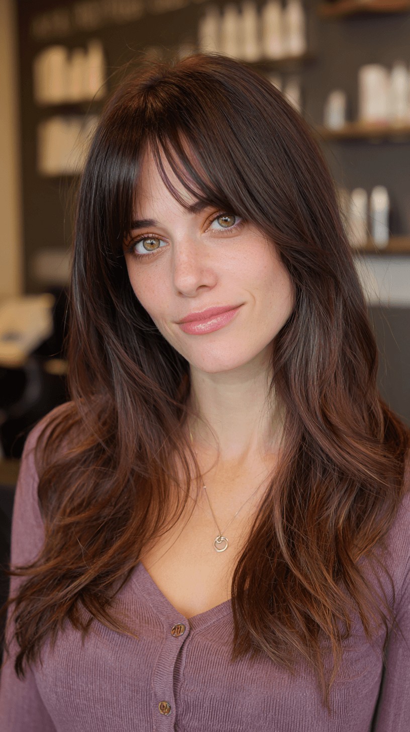 Rich Brown Layered Curtain Bangs with Subtle Highlights