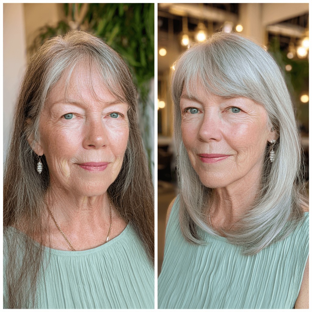Softly Layered Silver Haircut with Face-Framing Bangs