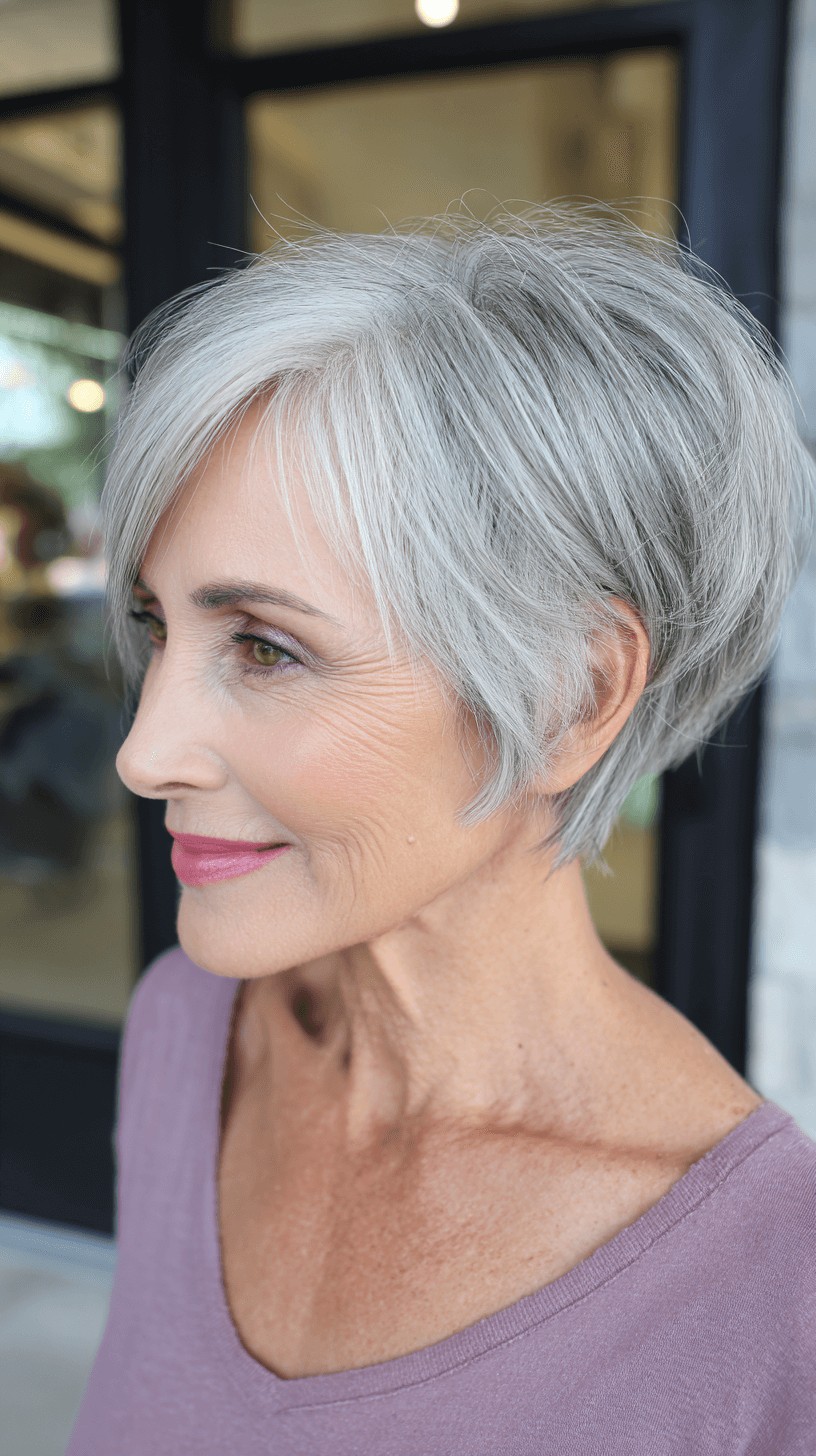 Softly Textured Silver Pixie Bob with Side-Swept Bangs