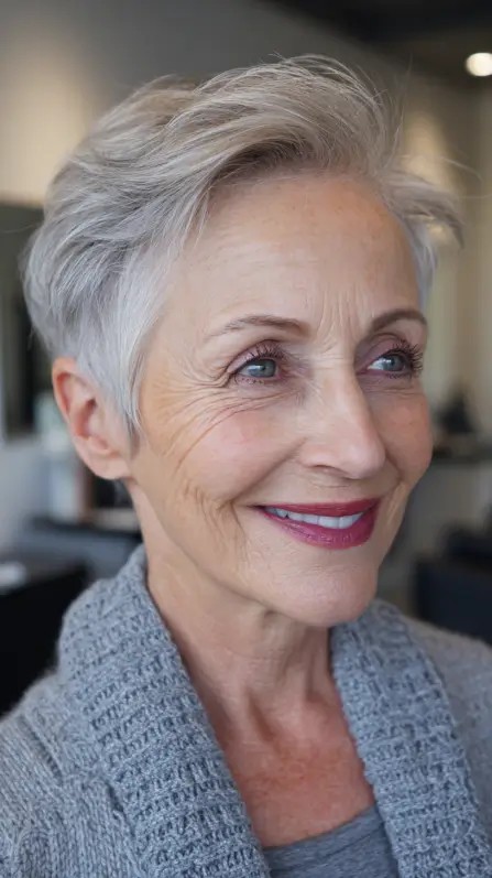 Softly Textured Silver Pixie with Subtle Volume