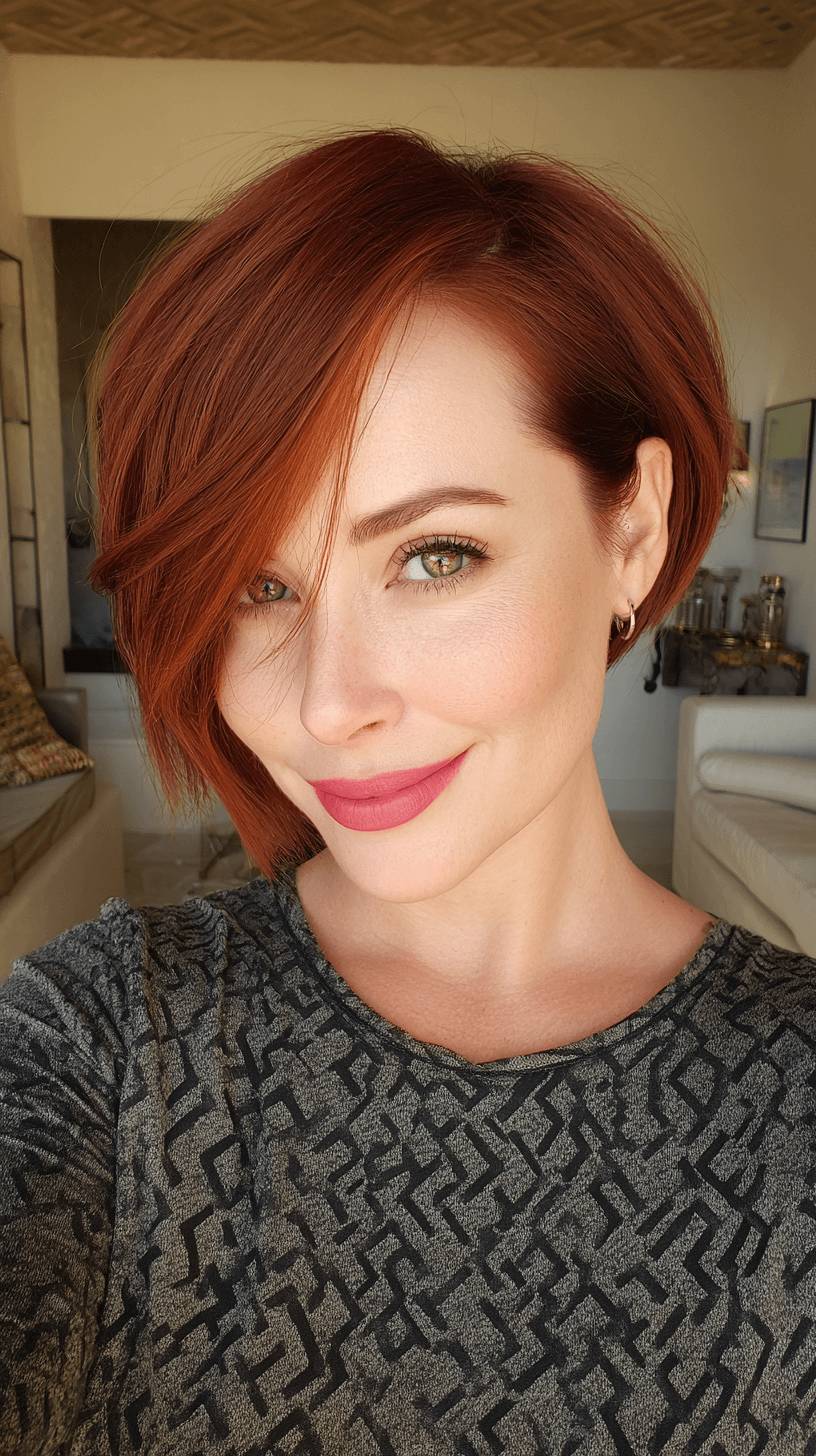 Stylish Asymmetrical Copper Bob with Textured Layers