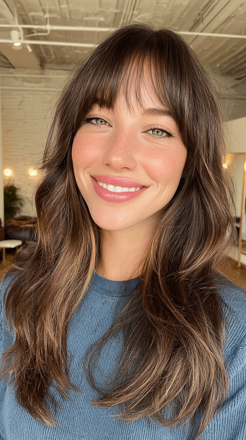 Stylish Long Curtain Bangs with Subtle Highlights