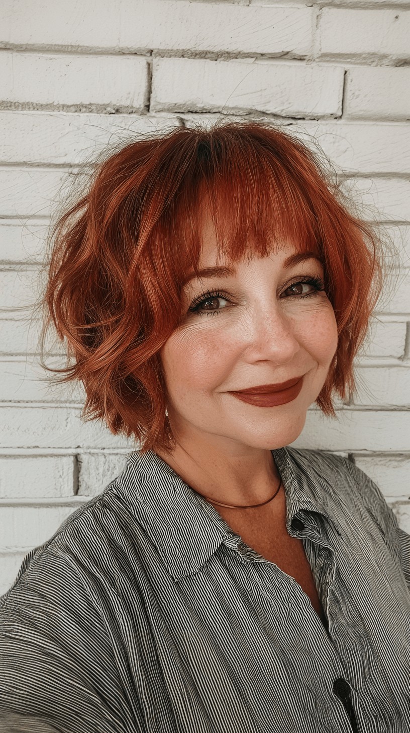 Textured Copper Pageboy Bob with Playful Bangs