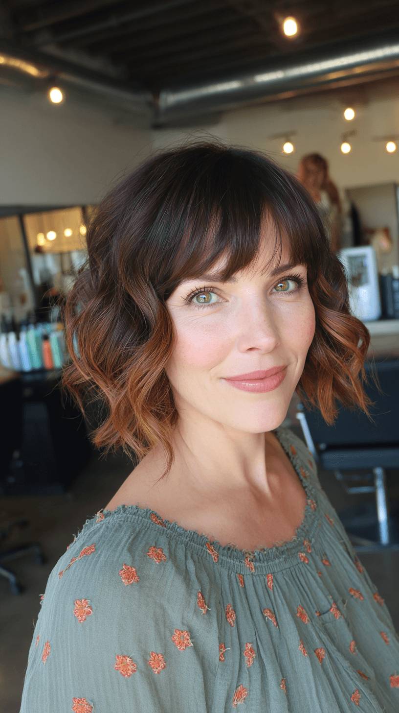 Textured Curly Bob with Bold Face-Framing Bangs