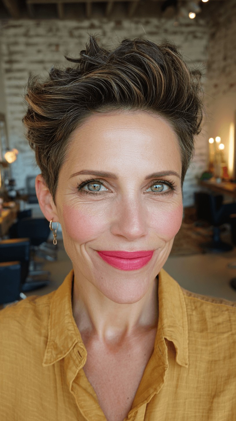 Textured Short Pompadour Pixie Cut with Warm Highlights