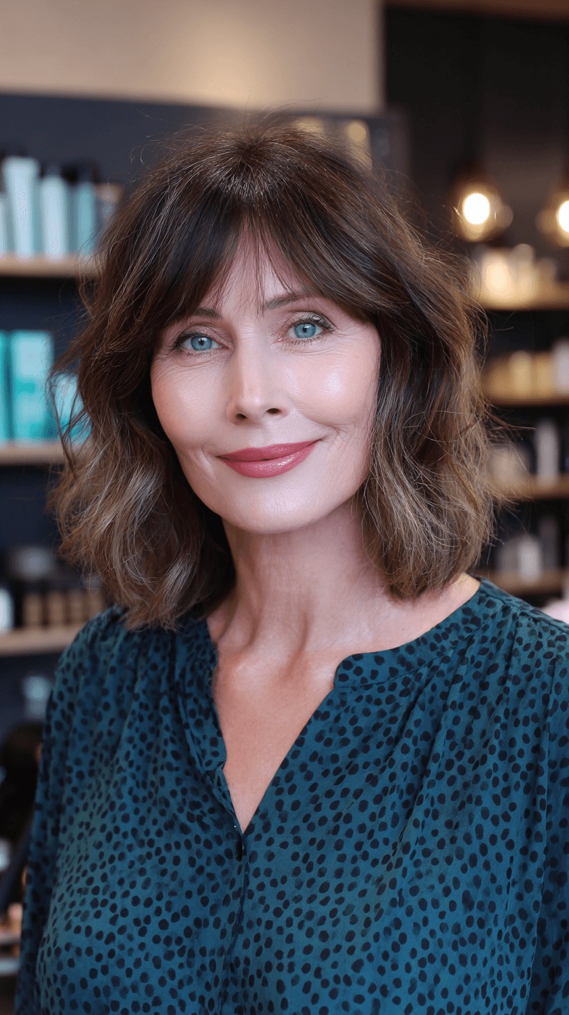 Textured Shoulder-Length Waves with Soft Bangs