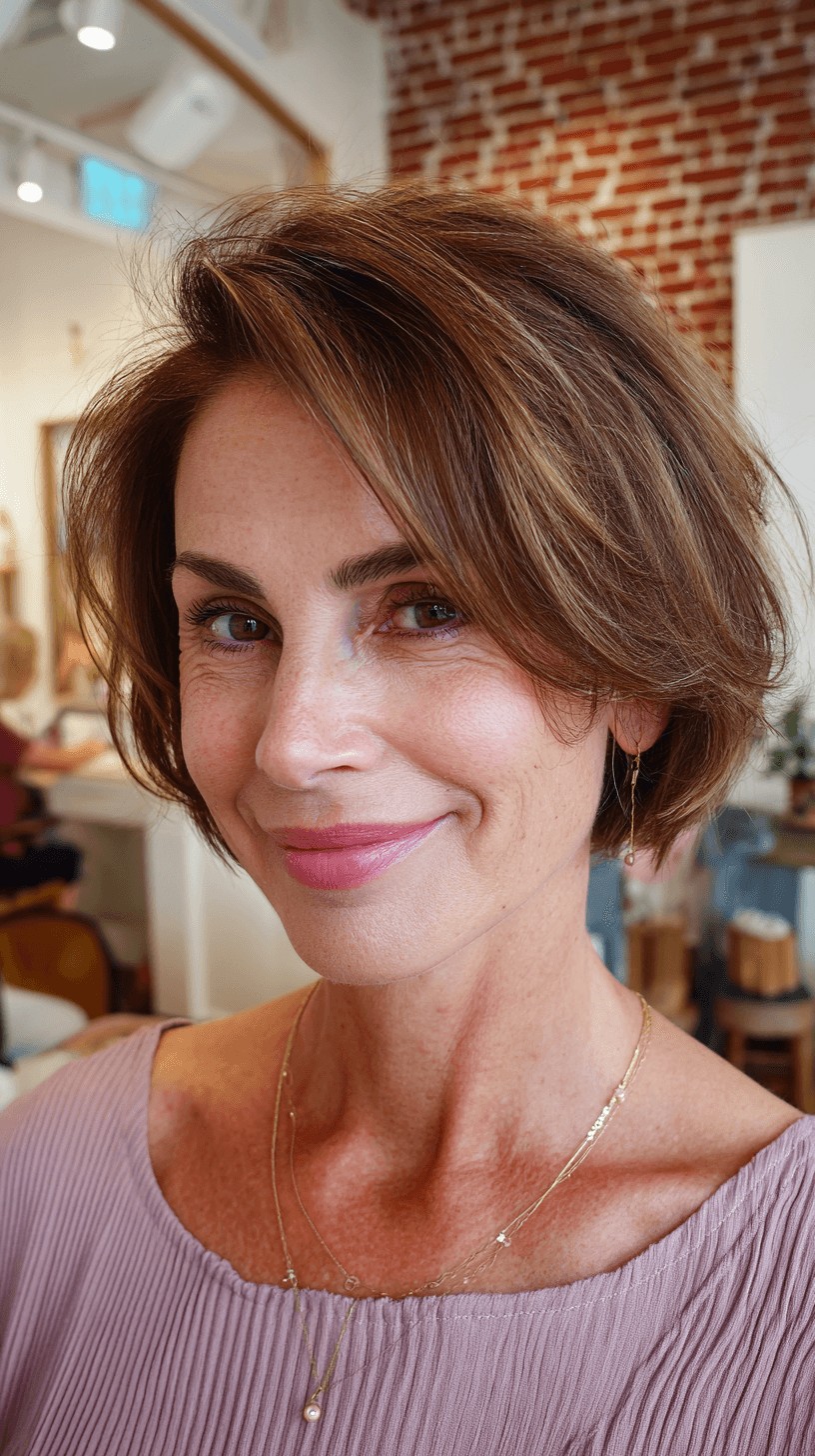 Textured Warm Brown Bob with Subtle Waves