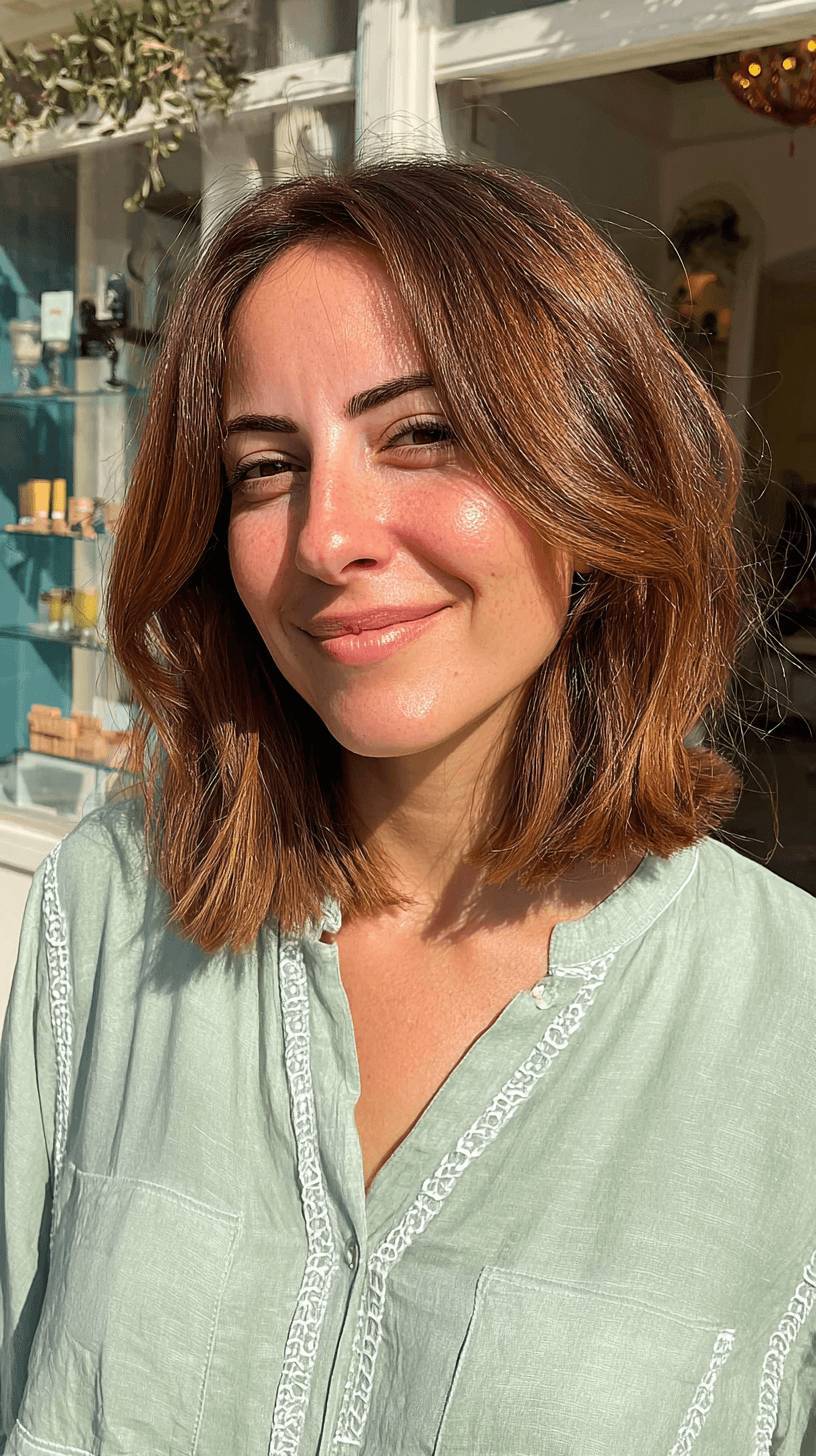 Warm Caramel Shaggy Bob with Subtle Waves
